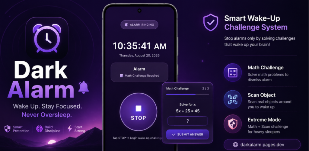 Dark Alarm অ্যালার্ম রিং করার স্ক্রিনে Math Challenge Required লেবেল এবং সমাধানের জন্য 12 × 3 − 9 অংক